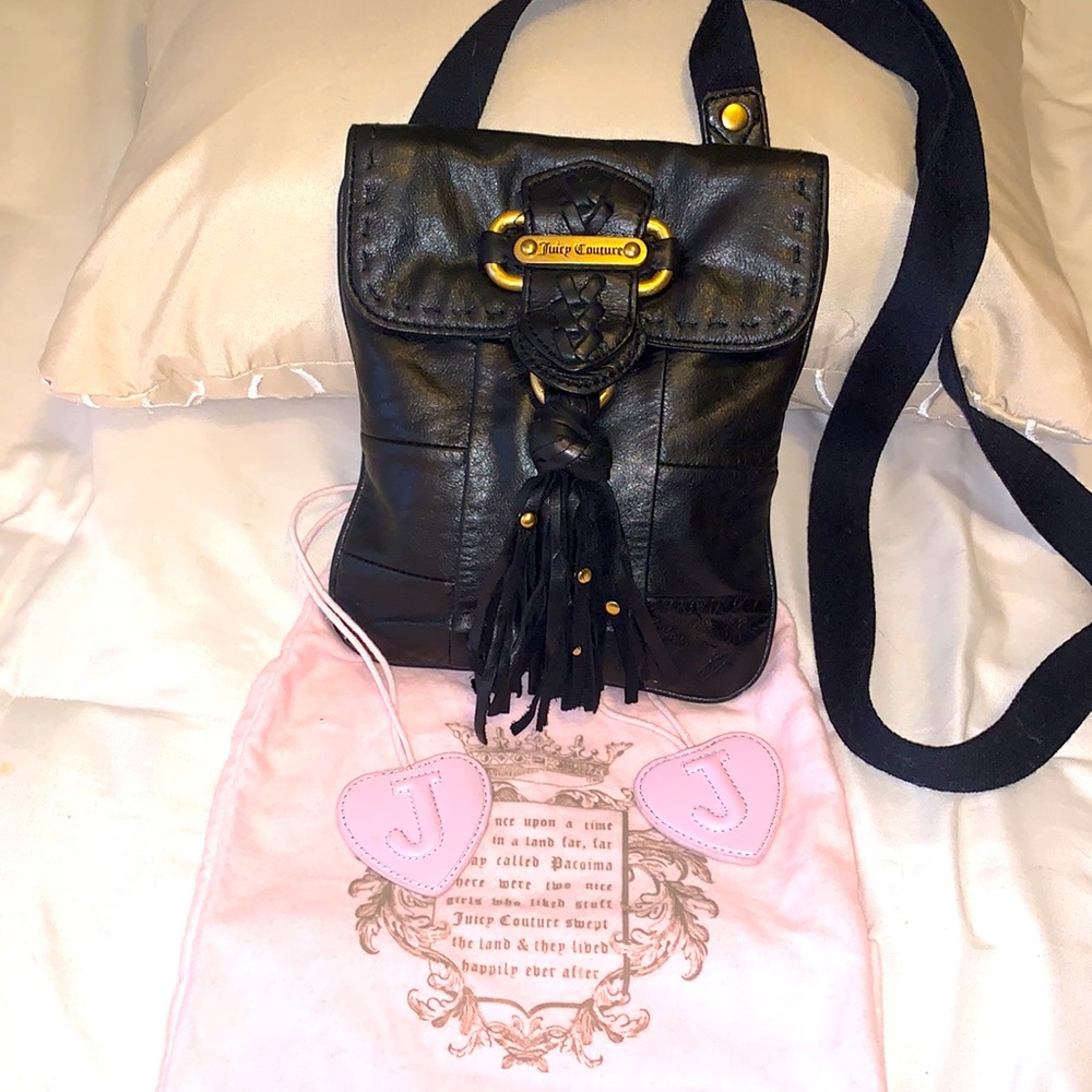 Y2K Juicy Couture Black Leather Crossbody Gold Tone Hardware Tassel Fringe